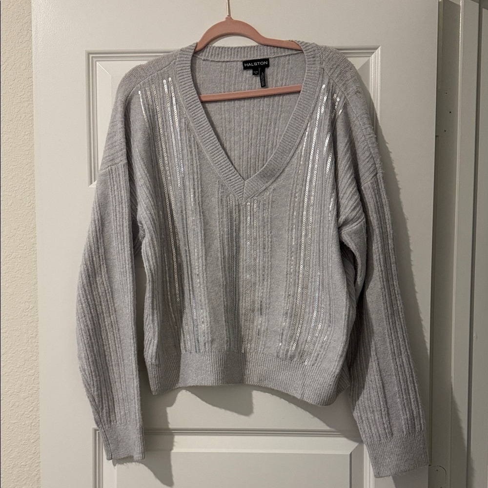 Halston Heritage Silver V-Neck Sweater with Metallic Accents